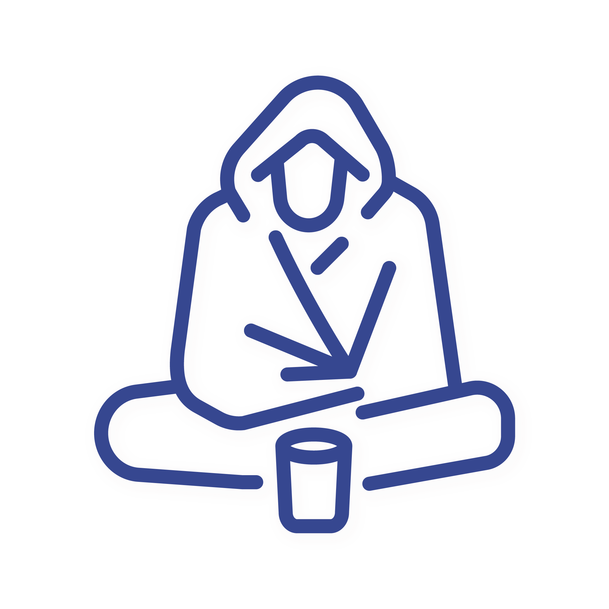 A blue line drawing, on a very light gray background, of a human figure sitting cross-legged facing the reader. The figure is wrapped in a blanket and has a cup in front of their legs. 