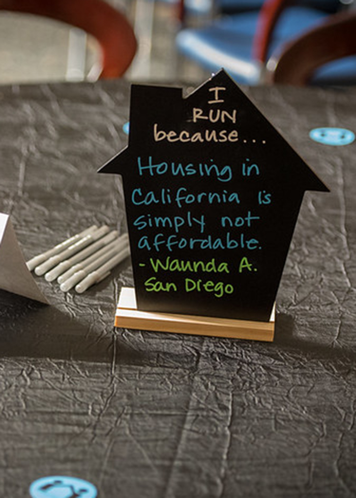 A close-up photo of an item on a table. The item is a black cardboard house cut-out, with a pointed roof and a chimney, sitting in a small wooden stand. The cut-out is about 8 inches tall. In bright blue and green markers, the writing on the cut-out says: I run because housing in california is simply not affordable. Waunda A. San Diego.