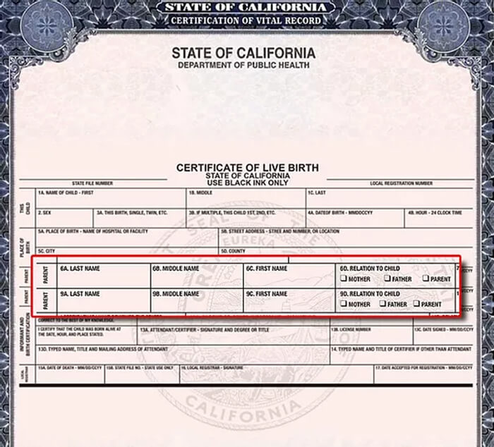 Example of California birth certificate