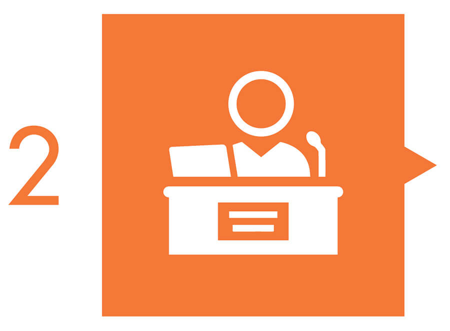 Computer-illustrated graphic. The number two is on the left, in a bright orange color. The graphic has a bright orange background and a white outline of a person standing at a podium with a microphone, reading a document.
