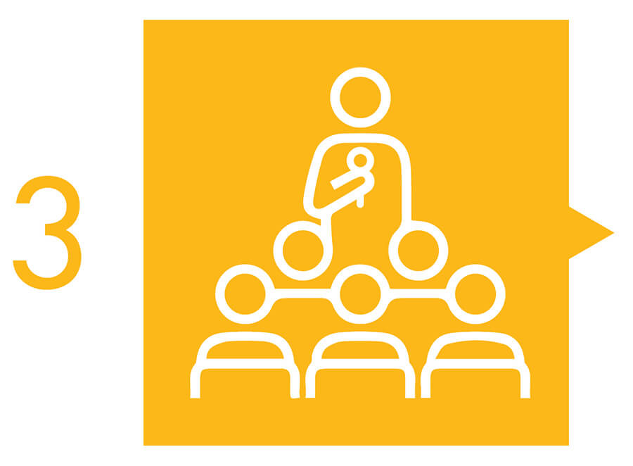 Computer-illustrated graphic. The number three is on the left in a golden yellow color. On the right, the graphic has a golden yellow background, and there is a white outline of a person holding a microphone and talking to an seated audience.