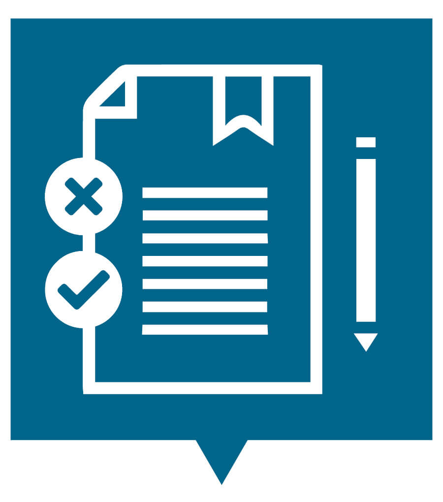 Computer-illustrated graphic. The background is blue with a white out line of a document, a pen or pencil on the right, and an X and a checkmark on the left.