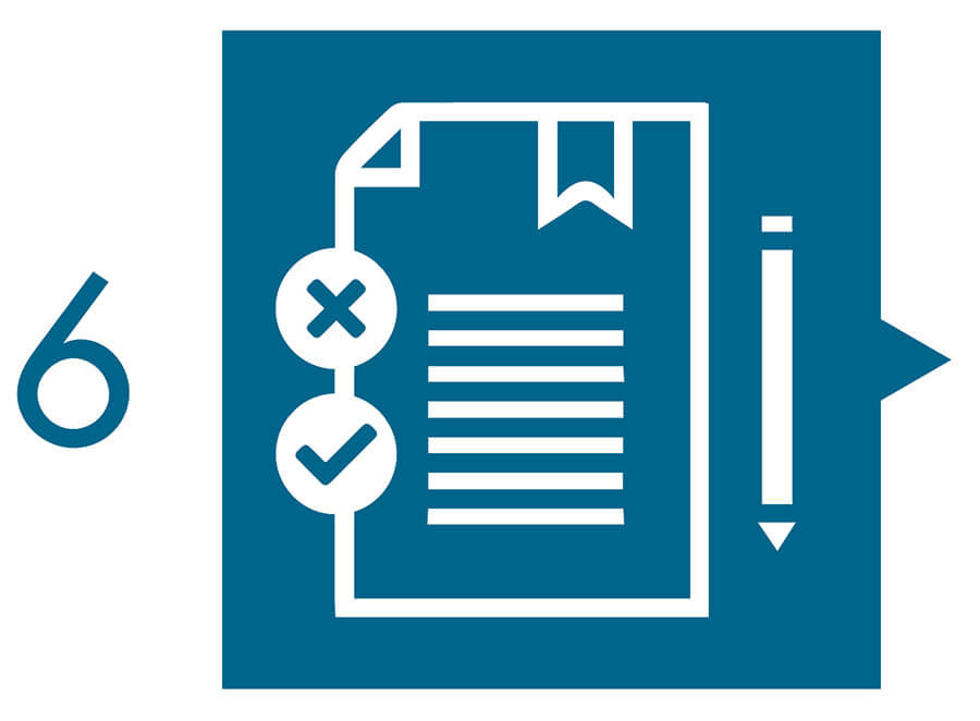 Computer-illustrated graphic. On the left is the number 6 in dark blue-green. On the right, the background is blue. The graphic is a white outline of a document, a pen or pencil on the right, and an X and a checkmark on the left.