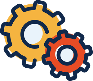 A simple black-line illustration of two cogs. The larger cog is yellow and it sits behind and slightly higher than a smaller red cog. The colors are out of register (go outside the lines). The concept is creating efficiency.