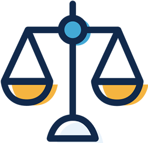 A simple black-line illustration of a set of weighing scales. The bowls are yellow, and the fulcrum is a blue circle. The colors are out of register (go outside the lines). The concept is promoting fairness.