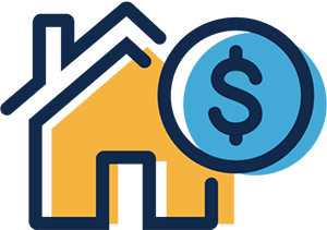 A simple black-line illustration of a house with a pointed roof. The house is yellow. In the foreground, and slightly overlapping the house, is a blue circle with a dollar sign in the center. The colors are out of register (go outside the lines). The concept is rental subsidy.