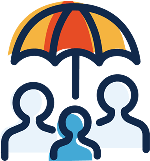 A simple black-line illustration of three people shapes (heads and shoulders) beneath an umbrella. The people are different shades of blue. The umbrella has a red panel in the center with a yellow panel each side. The colors are out of register (go outside the lines). The concept is to protect people.