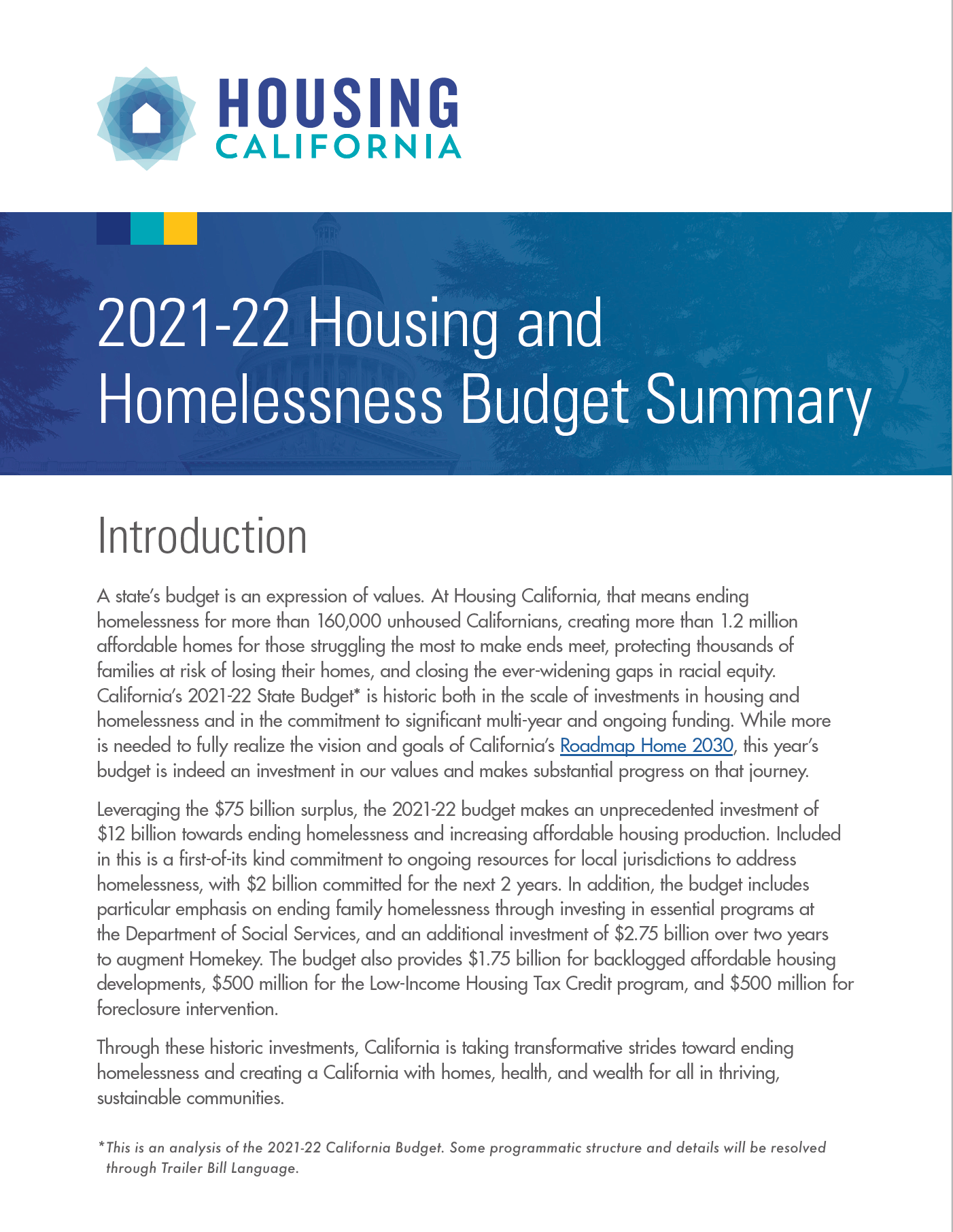 screenshot of first page of Budget Summary document