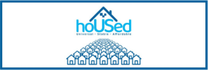 Logo for housed above a computer-illustrated graphic of rows of houses